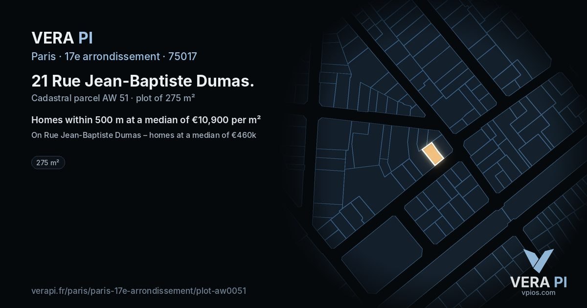 21 Rue Jean-Baptiste Dumas, 17e arrondissement at night – the plot lit, the parcels around coloured by the prices near them