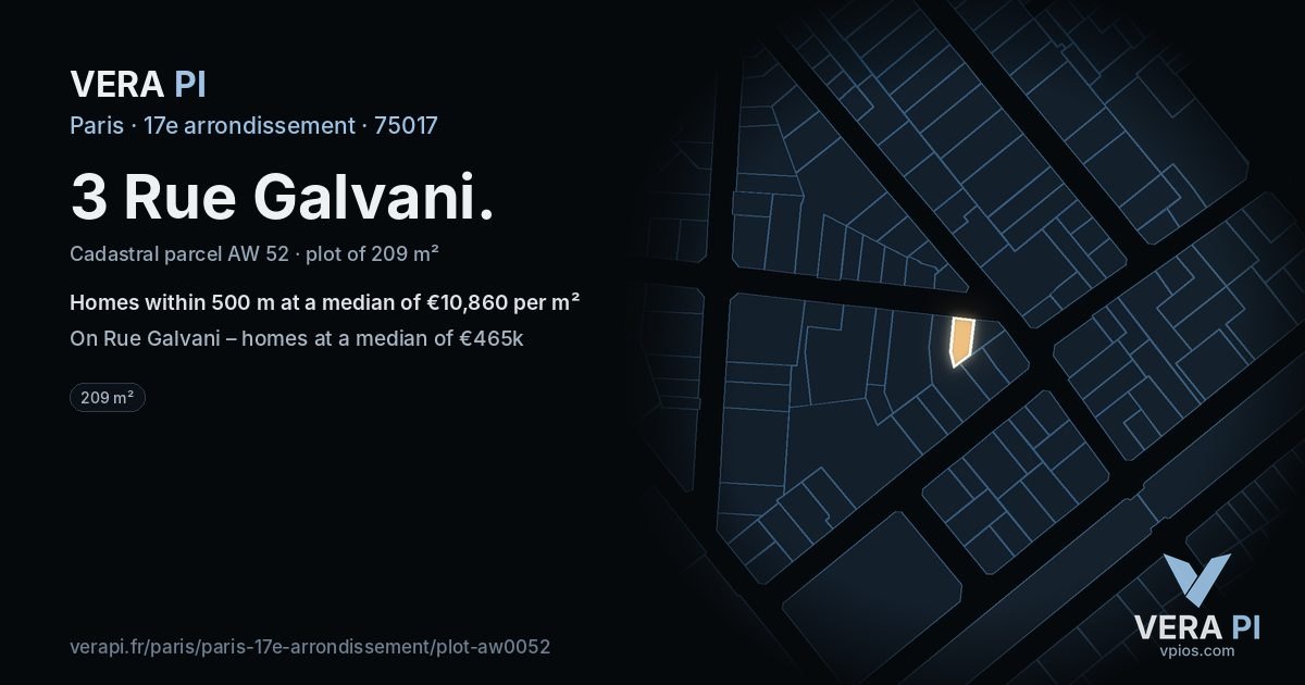 3 Rue Galvani, 17e arrondissement at night – the plot lit, the parcels around coloured by the prices near them