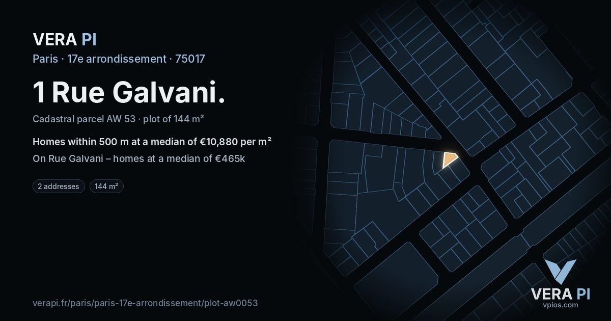 1 Rue Galvani, 17e arrondissement at night – the plot lit, the parcels around coloured by the prices near them