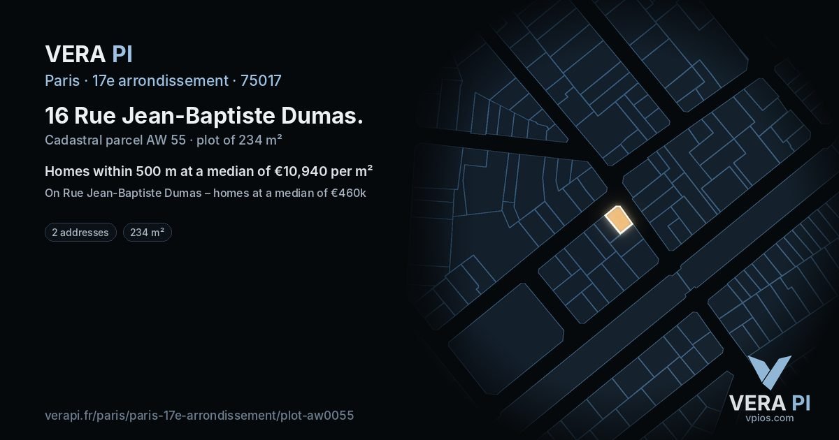 16 Rue Jean-Baptiste Dumas, 17e arrondissement at night – the plot lit, the parcels around coloured by the prices near them