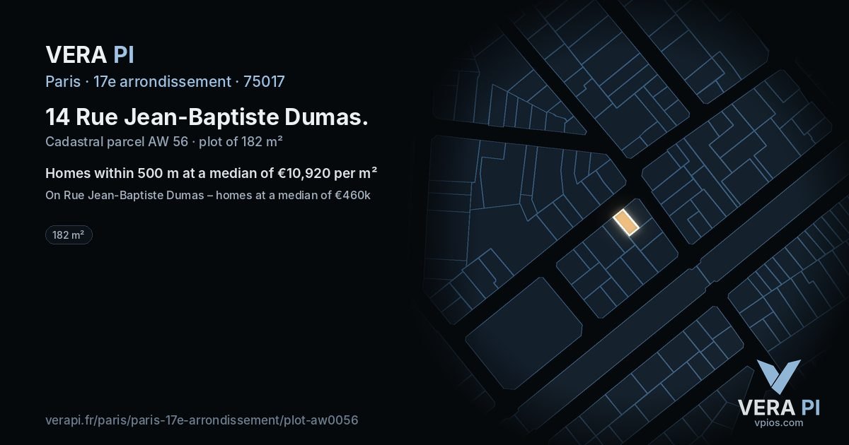 14 Rue Jean-Baptiste Dumas, 17e arrondissement at night – the plot lit, the parcels around coloured by the prices near them