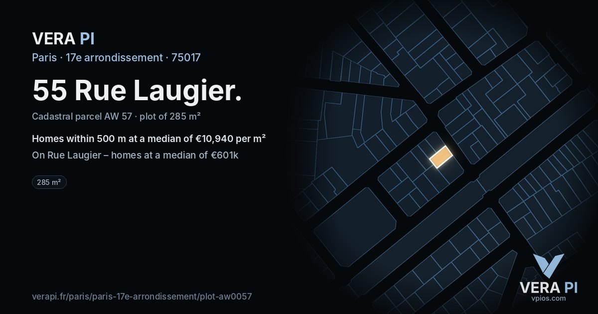 55 Rue Laugier, 17e arrondissement at night – the plot lit, the parcels around coloured by the prices near them