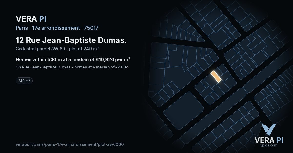 12 Rue Jean-Baptiste Dumas, 17e arrondissement at night – the plot lit, the parcels around coloured by the prices near them