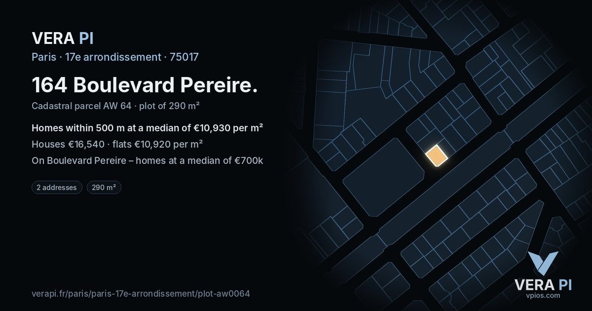 164 Boulevard Pereire, 17e arrondissement at night – the plot lit, the parcels around coloured by the prices near them