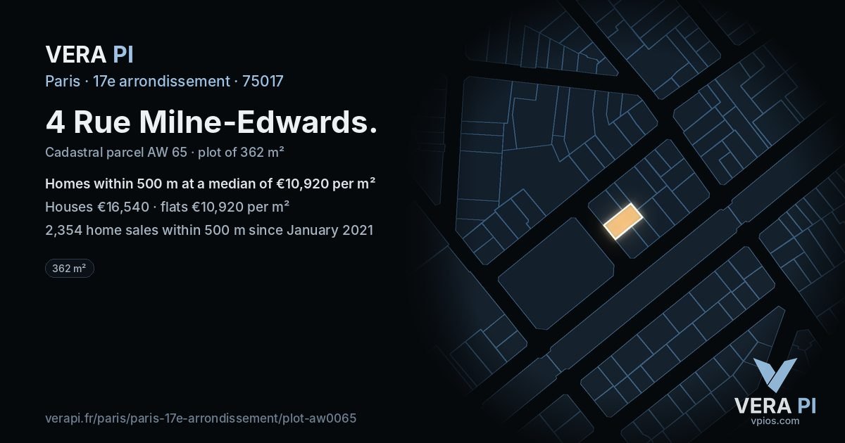 4 Rue Milne-Edwards, 17e arrondissement at night – the plot lit, the parcels around coloured by the prices near them