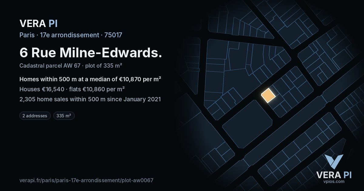 6 Rue Milne-Edwards, 17e arrondissement at night – the plot lit, the parcels around coloured by the prices near them