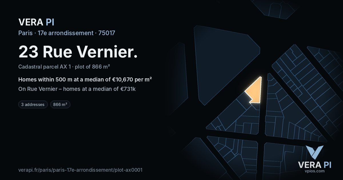 23 Rue Vernier, 17e arrondissement at night – the plot lit, the parcels around coloured by the prices near them