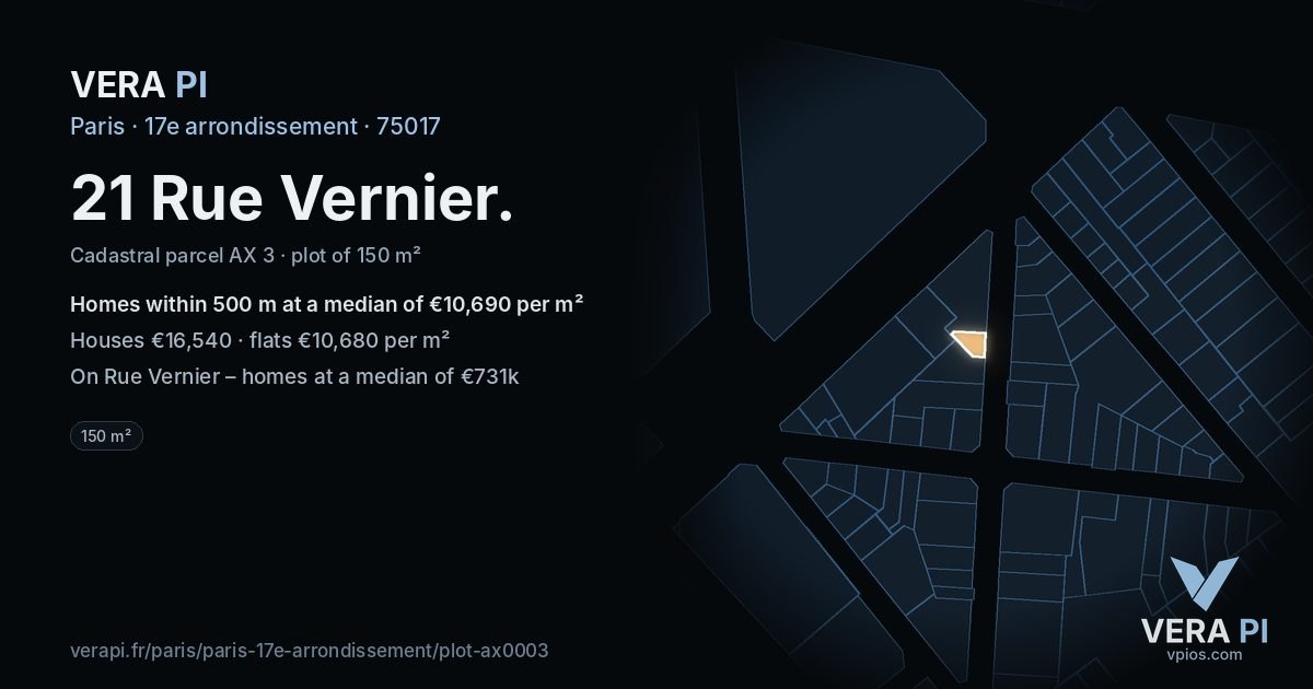 21 Rue Vernier, 17e arrondissement at night – the plot lit, the parcels around coloured by the prices near them