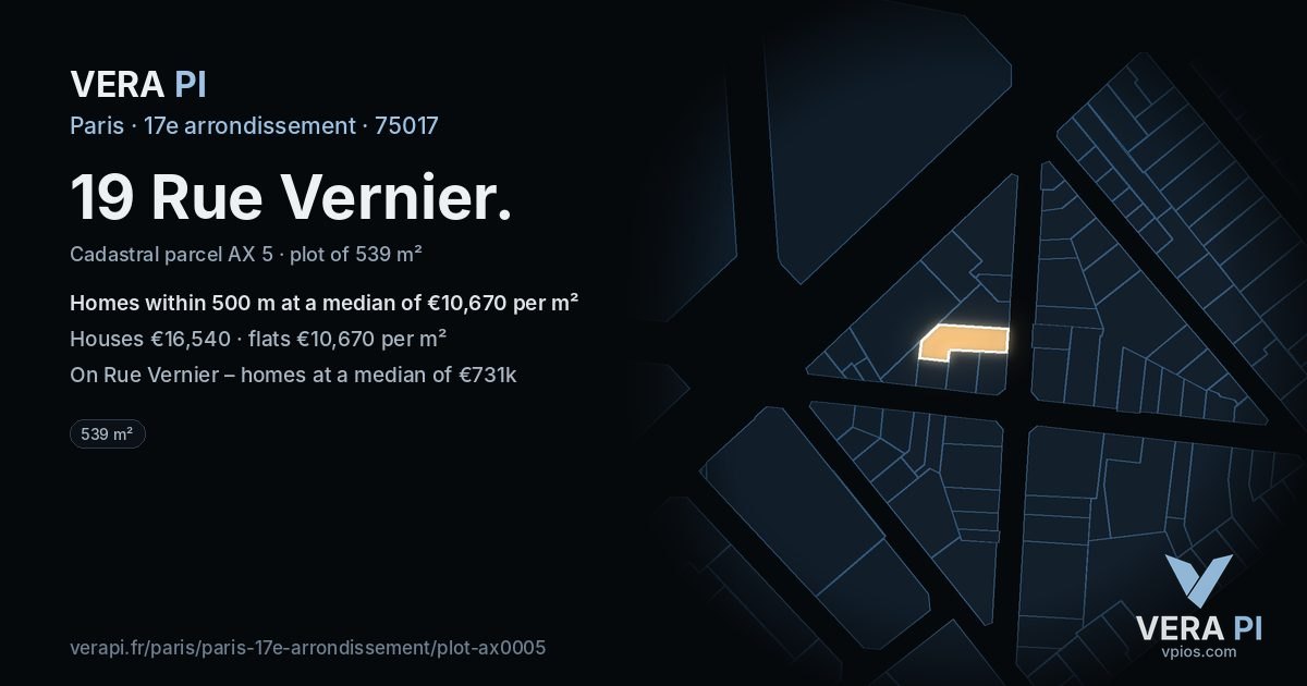 19 Rue Vernier, 17e arrondissement at night – the plot lit, the parcels around coloured by the prices near them