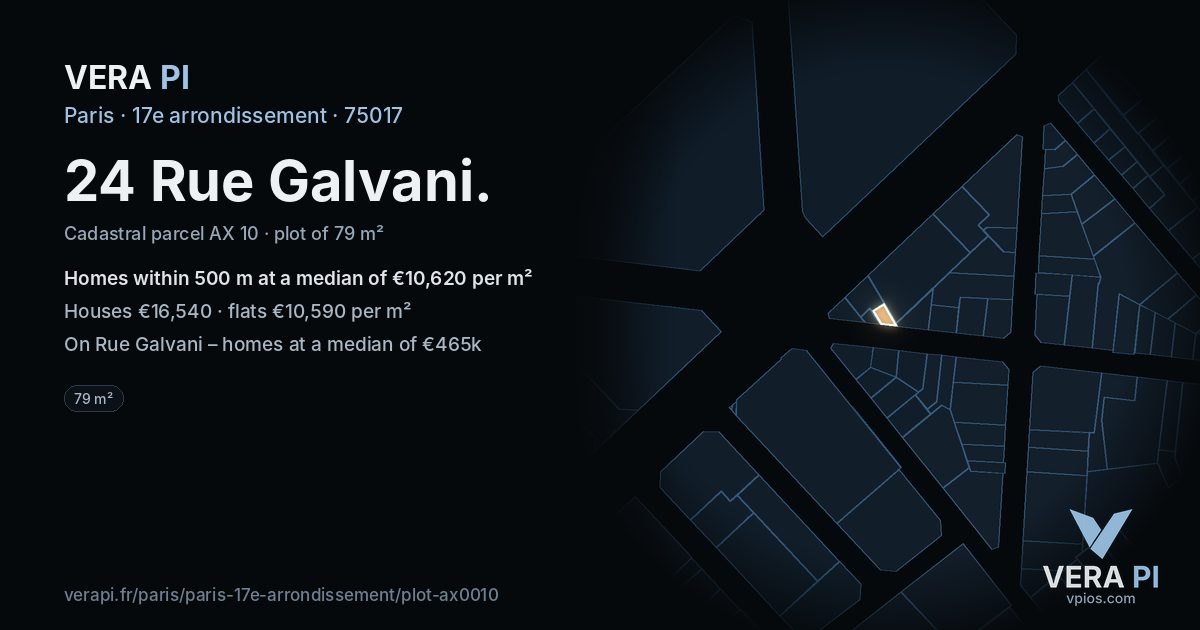 24 Rue Galvani, 17e arrondissement at night – the plot lit, the parcels around coloured by the prices near them