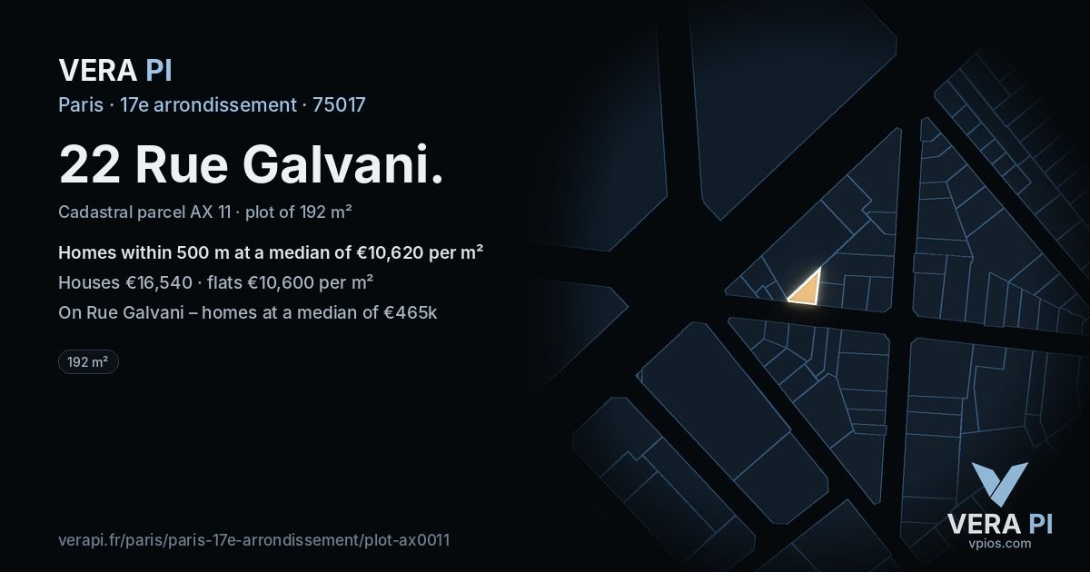 22 Rue Galvani, 17e arrondissement at night – the plot lit, the parcels around coloured by the prices near them