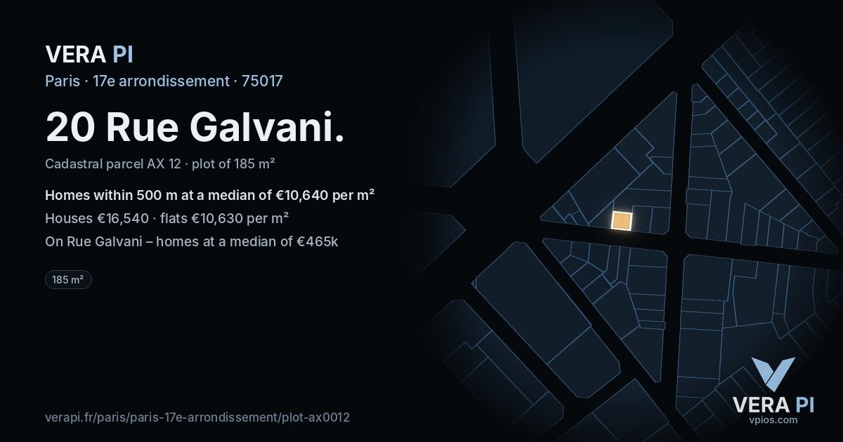 20 Rue Galvani, 17e arrondissement at night – the plot lit, the parcels around coloured by the prices near them