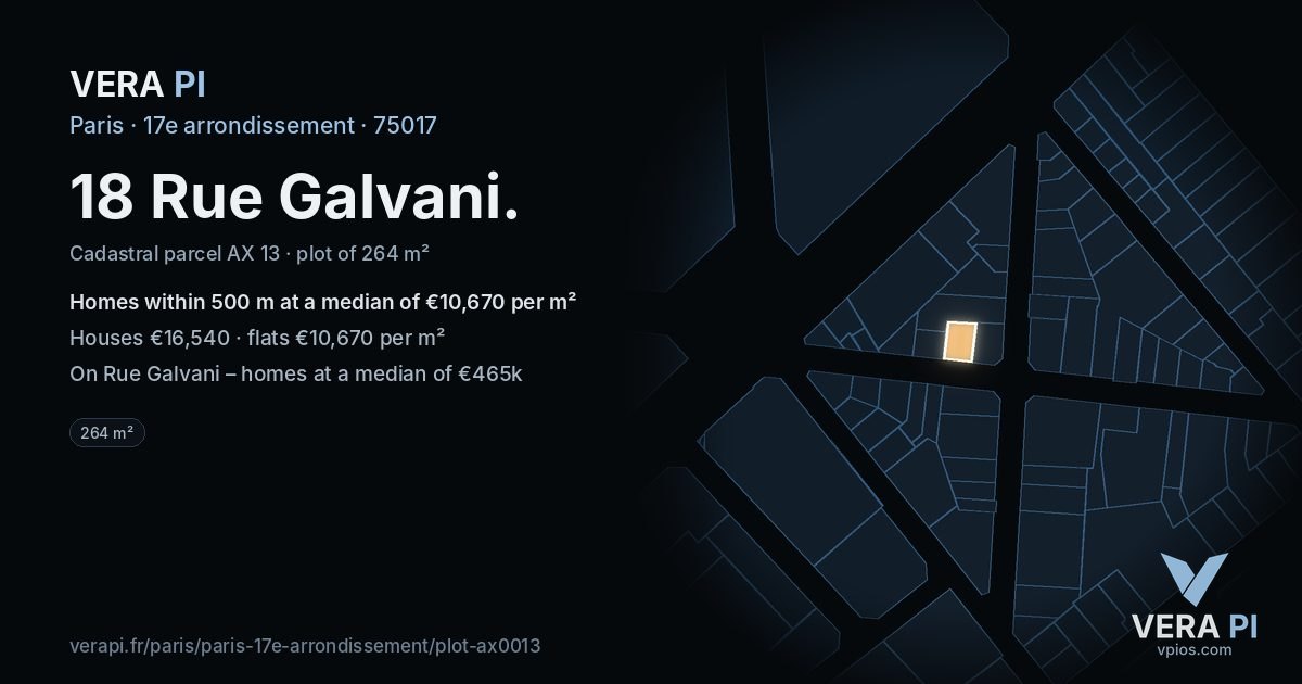 18 Rue Galvani, 17e arrondissement at night – the plot lit, the parcels around coloured by the prices near them