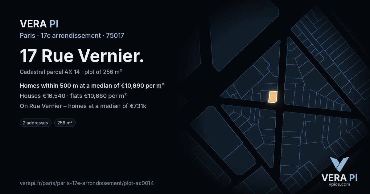 17 Rue Vernier, 17e arrondissement at night – the plot lit, the parcels around coloured by the prices near them