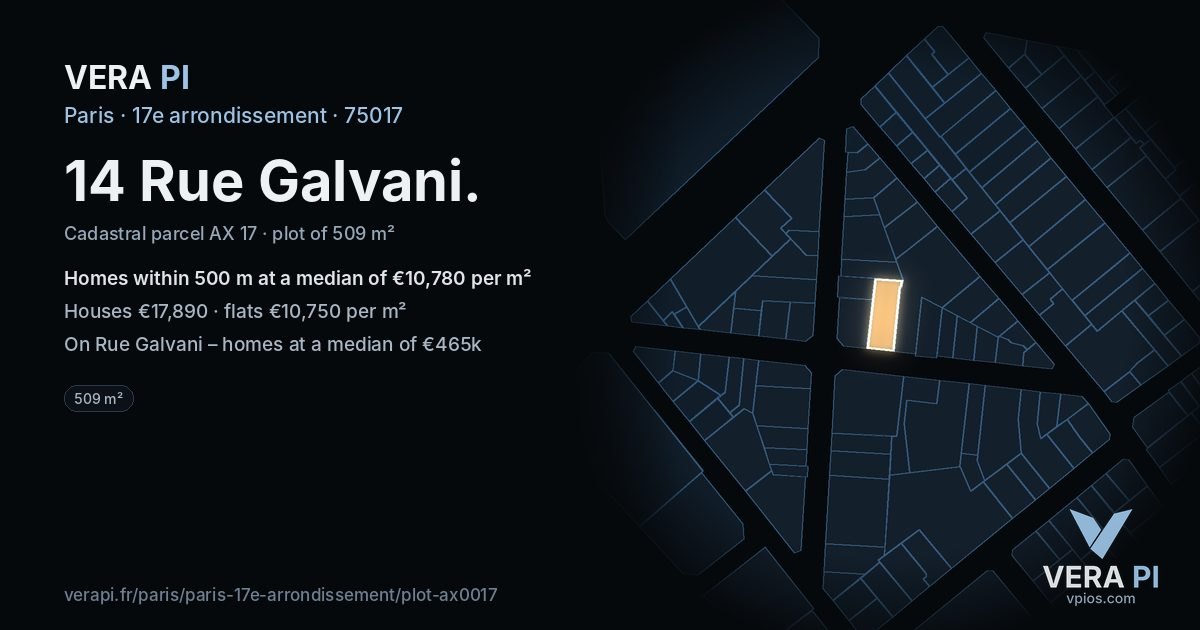 14 Rue Galvani, 17e arrondissement at night – the plot lit, the parcels around coloured by the prices near them