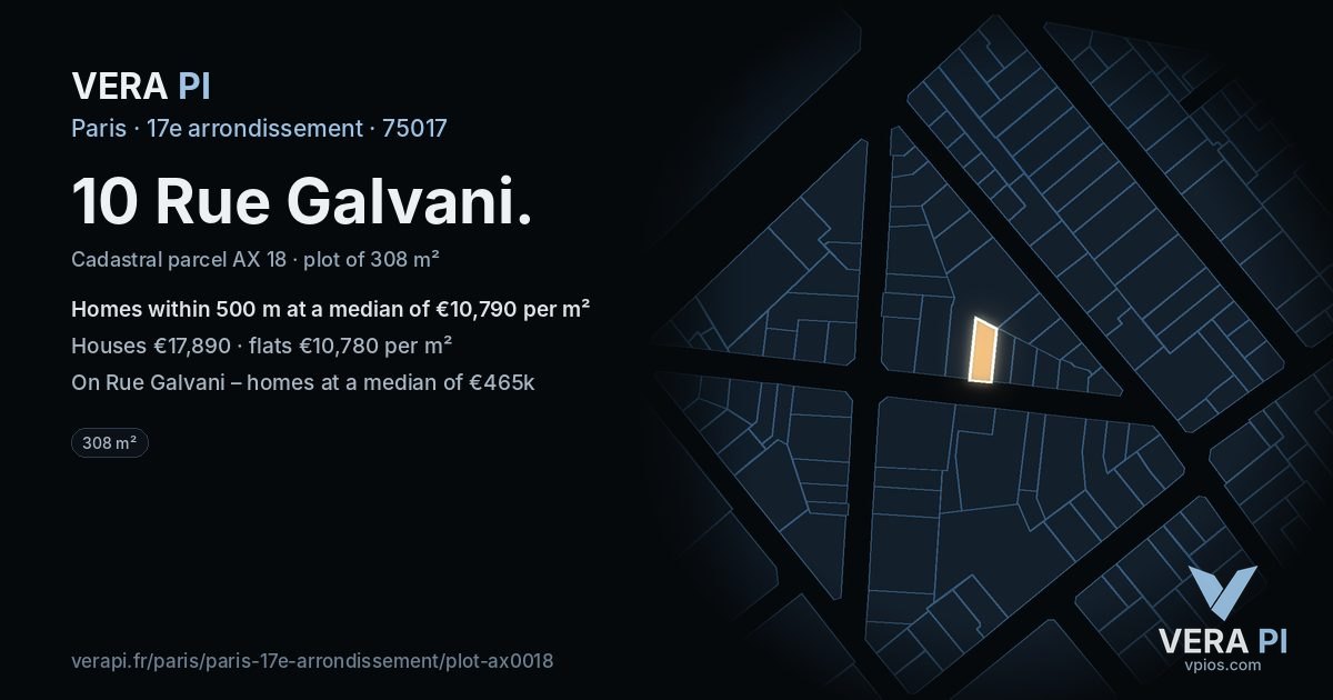 10 Rue Galvani, 17e arrondissement at night – the plot lit, the parcels around coloured by the prices near them
