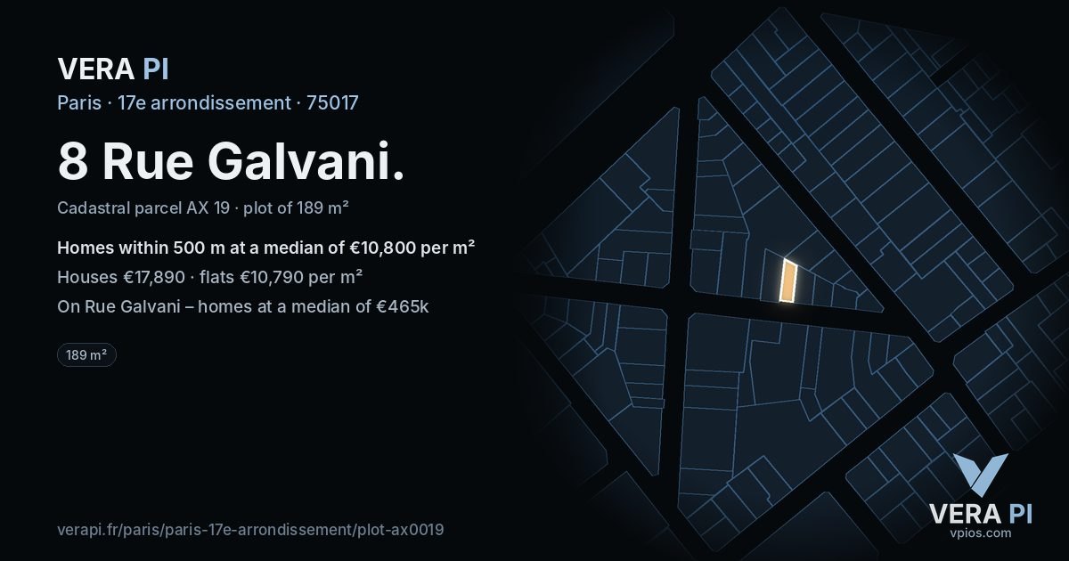 8 Rue Galvani, 17e arrondissement at night – the plot lit, the parcels around coloured by the prices near them