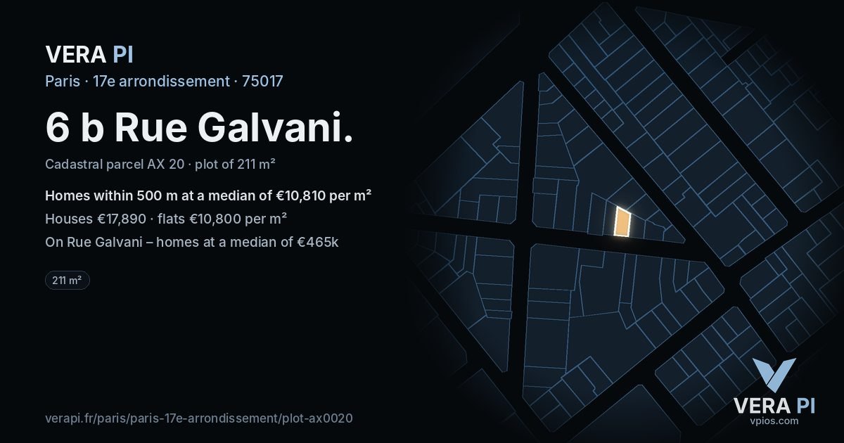 6 b Rue Galvani, 17e arrondissement at night – the plot lit, the parcels around coloured by the prices near them