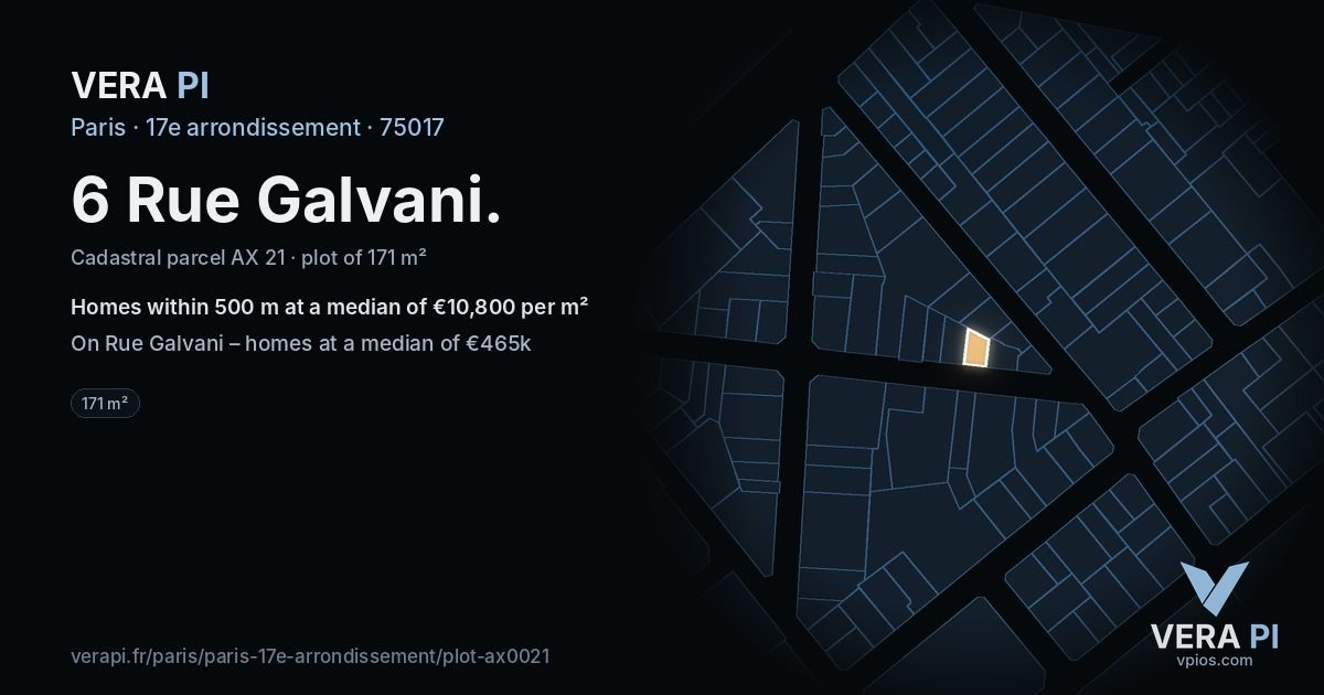 6 Rue Galvani, 17e arrondissement at night – the plot lit, the parcels around coloured by the prices near them