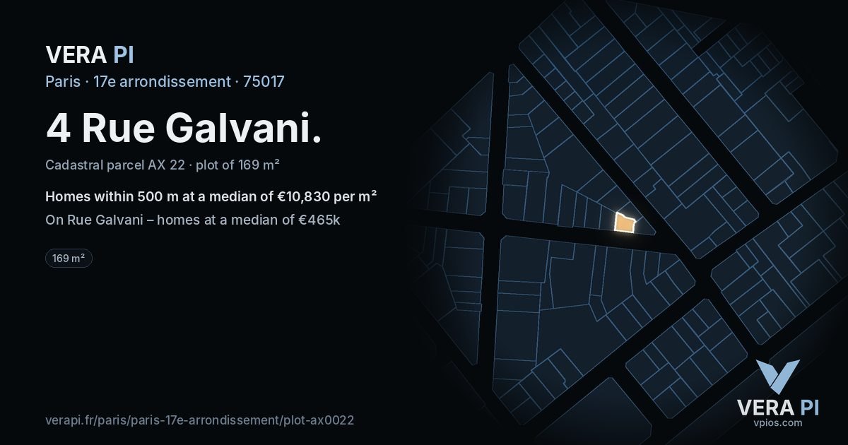 4 Rue Galvani, 17e arrondissement at night – the plot lit, the parcels around coloured by the prices near them