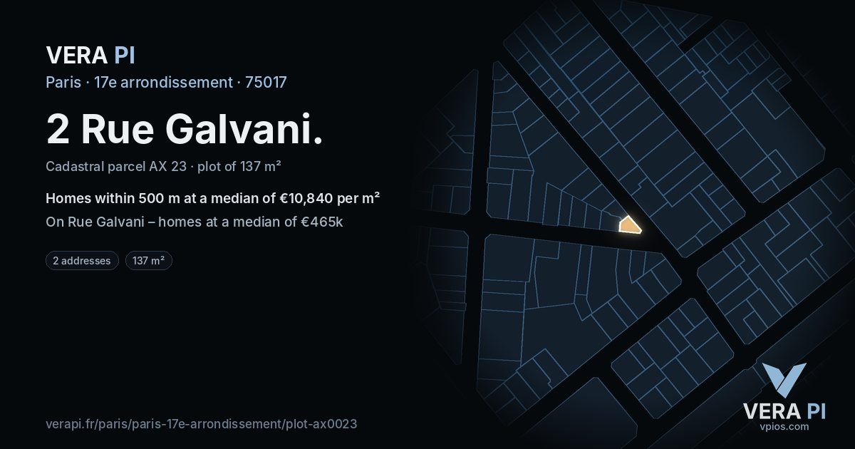 2 Rue Galvani, 17e arrondissement at night – the plot lit, the parcels around coloured by the prices near them