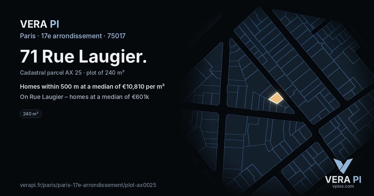 71 Rue Laugier, 17e arrondissement at night – the plot lit, the parcels around coloured by the prices near them