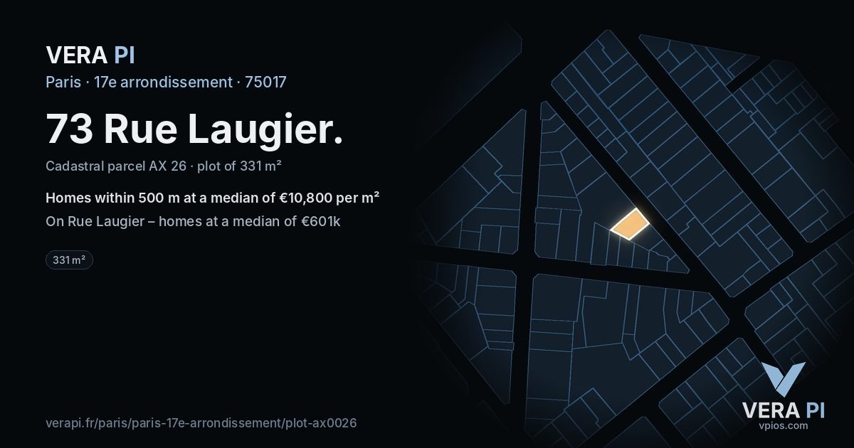 73 Rue Laugier, 17e arrondissement at night – the plot lit, the parcels around coloured by the prices near them