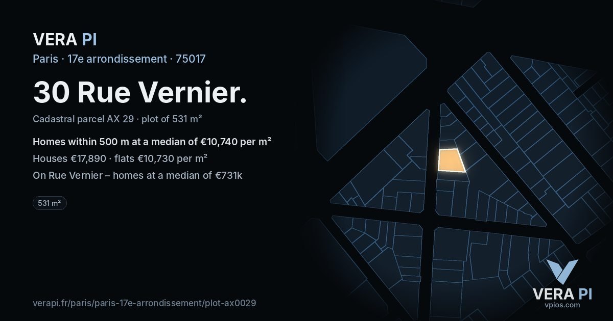 30 Rue Vernier, 17e arrondissement at night – the plot lit, the parcels around coloured by the prices near them