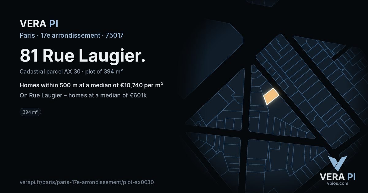81 Rue Laugier, 17e arrondissement at night – the plot lit, the parcels around coloured by the prices near them