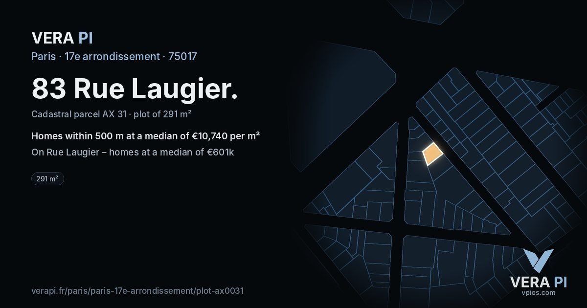 83 Rue Laugier, 17e arrondissement at night – the plot lit, the parcels around coloured by the prices near them