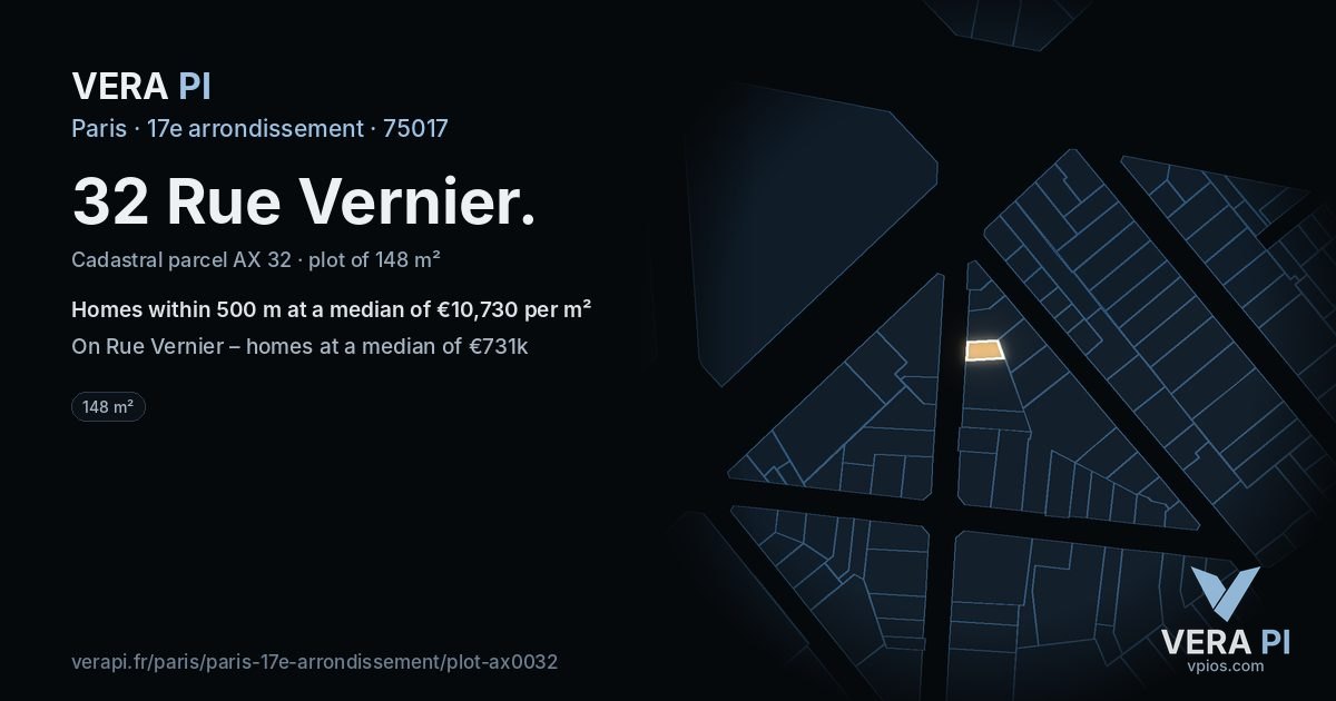 32 Rue Vernier, 17e arrondissement at night – the plot lit, the parcels around coloured by the prices near them