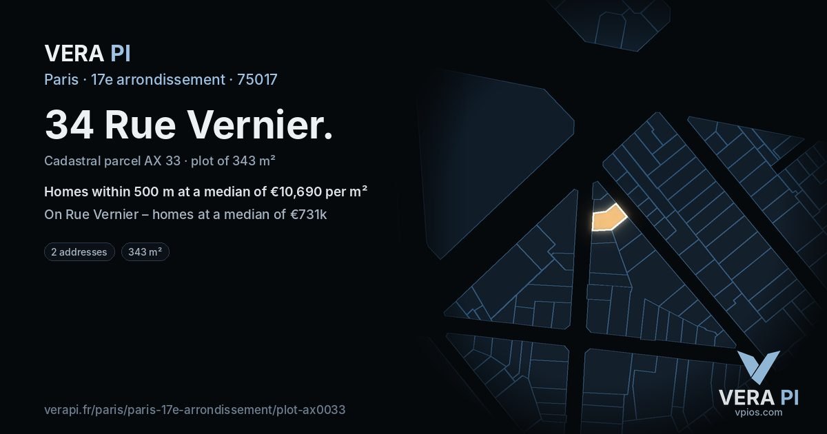 34 Rue Vernier, 17e arrondissement at night – the plot lit, the parcels around coloured by the prices near them