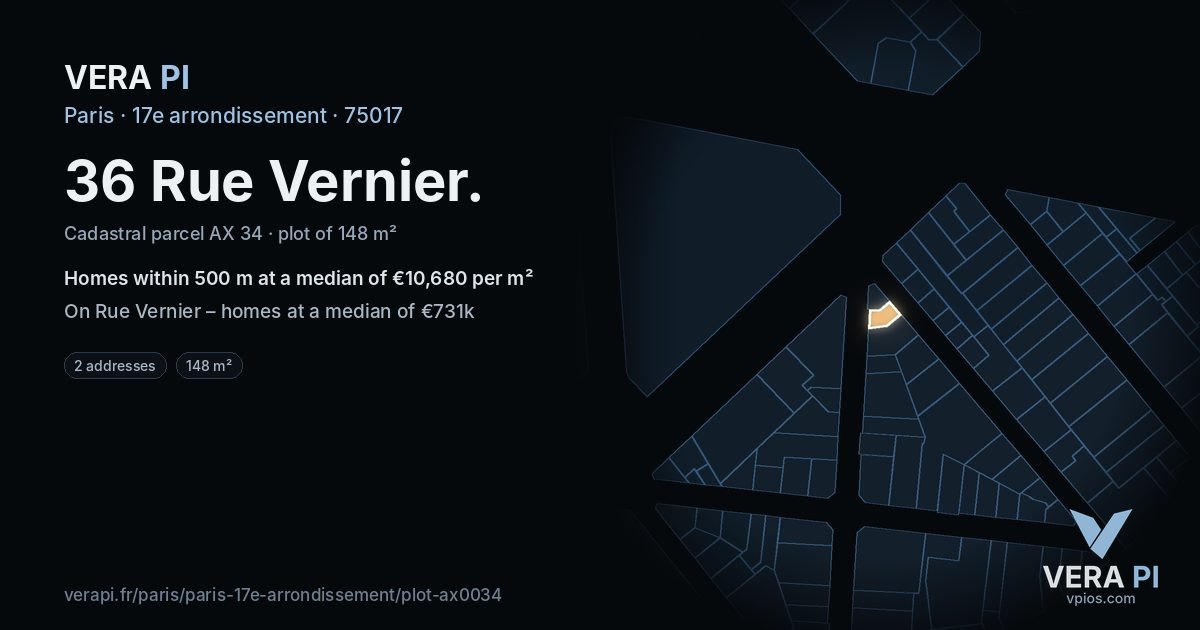 36 Rue Vernier, 17e arrondissement at night – the plot lit, the parcels around coloured by the prices near them