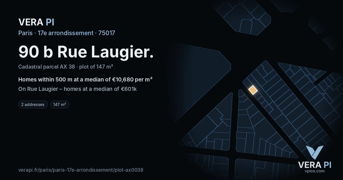 90 b Rue Laugier, 17e arrondissement at night – the plot lit, the parcels around coloured by the prices near them