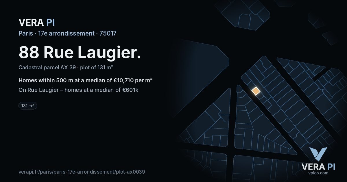 88 Rue Laugier, 17e arrondissement at night – the plot lit, the parcels around coloured by the prices near them