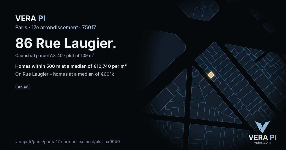 86 Rue Laugier, 17e arrondissement at night – the plot lit, the parcels around coloured by the prices near them