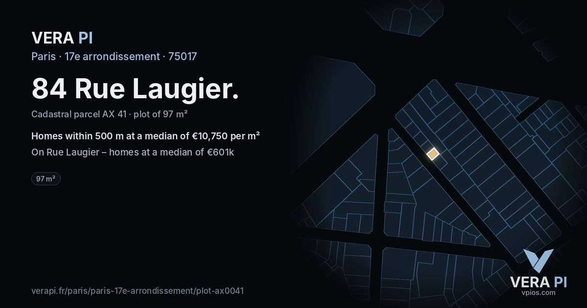 84 Rue Laugier, 17e arrondissement at night – the plot lit, the parcels around coloured by the prices near them