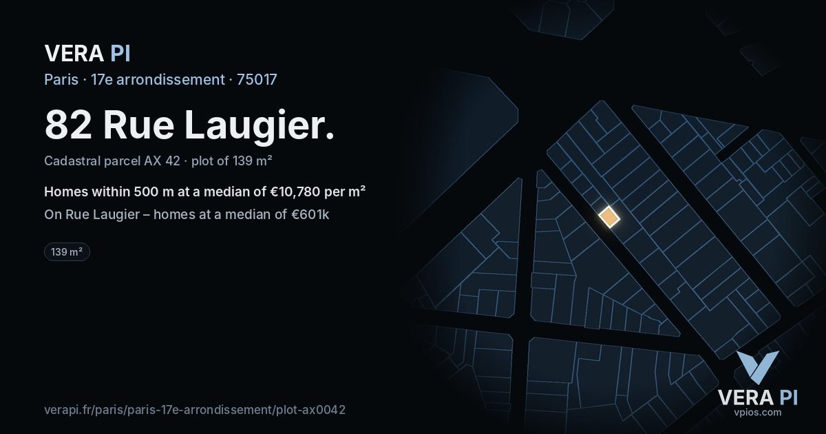 82 Rue Laugier, 17e arrondissement at night – the plot lit, the parcels around coloured by the prices near them