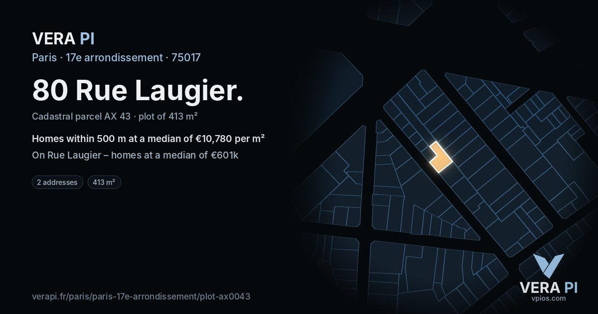 80 Rue Laugier, 17e arrondissement at night – the plot lit, the parcels around coloured by the prices near them
