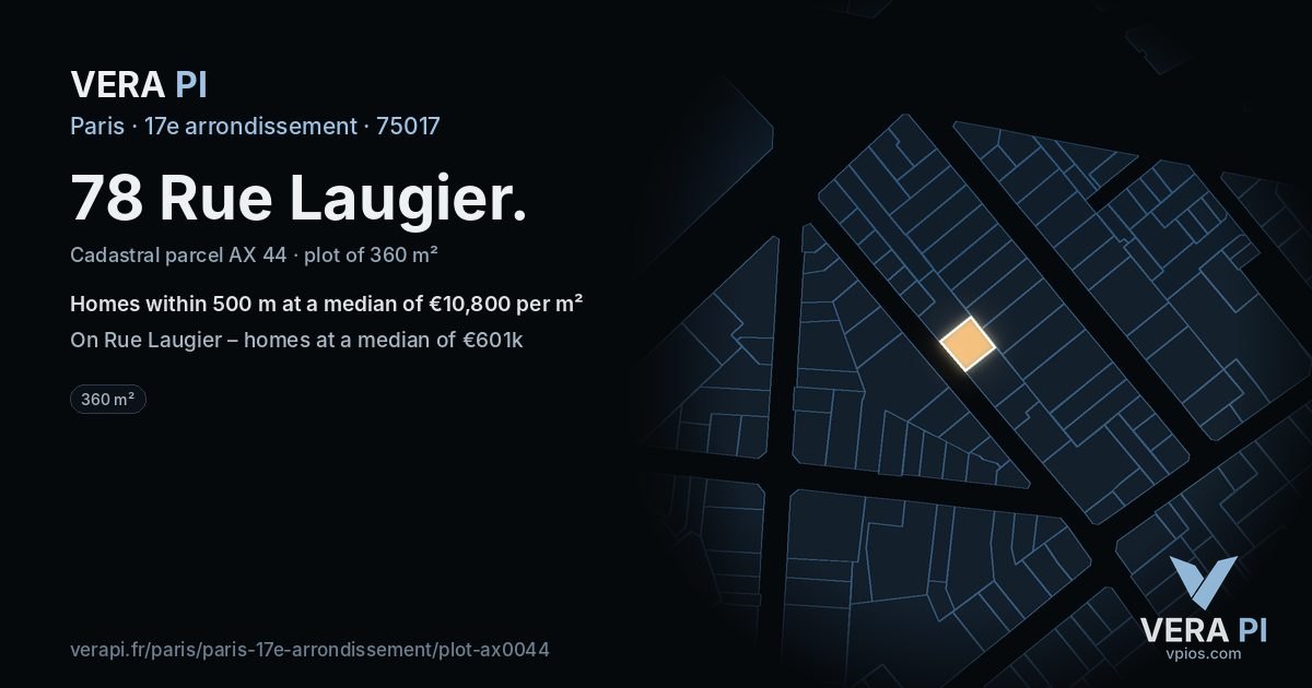78 Rue Laugier, 17e arrondissement at night – the plot lit, the parcels around coloured by the prices near them