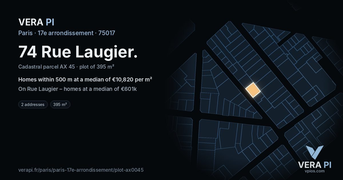 74 Rue Laugier, 17e arrondissement at night – the plot lit, the parcels around coloured by the prices near them