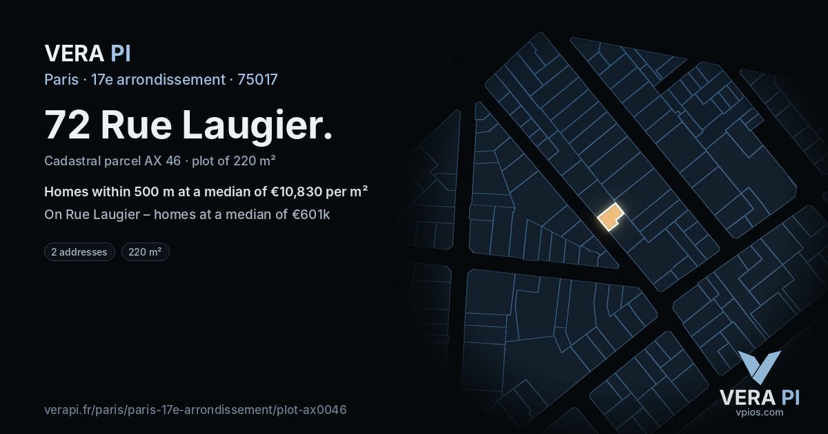 72 Rue Laugier, 17e arrondissement at night – the plot lit, the parcels around coloured by the prices near them