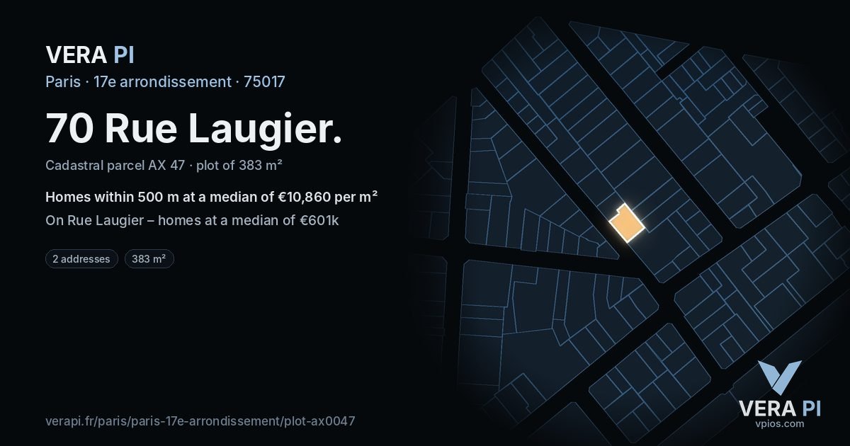 70 Rue Laugier, 17e arrondissement at night – the plot lit, the parcels around coloured by the prices near them