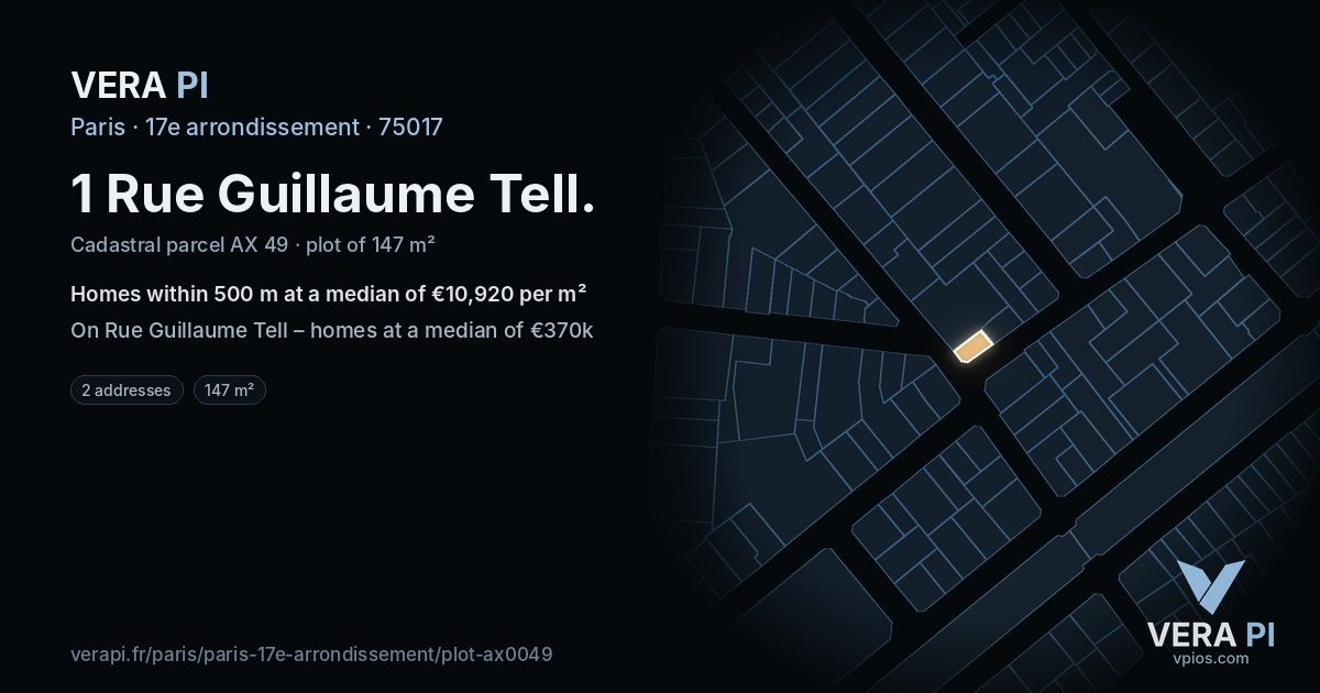 1 Rue Guillaume Tell, 17e arrondissement at night – the plot lit, the parcels around coloured by the prices near them