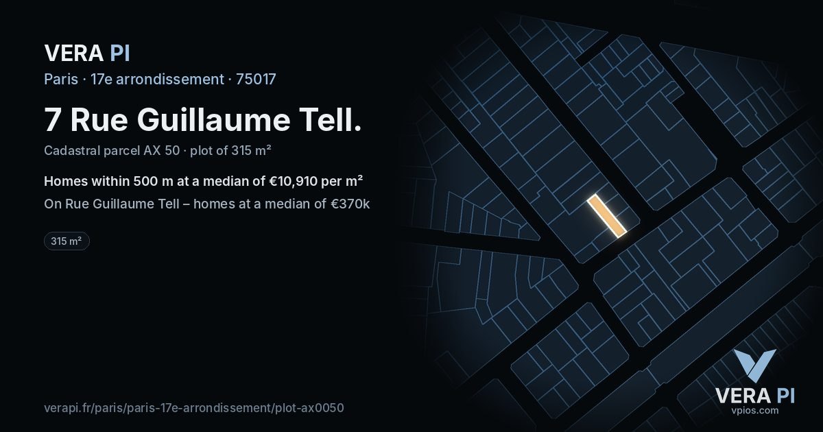 7 Rue Guillaume Tell, 17e arrondissement at night – the plot lit, the parcels around coloured by the prices near them