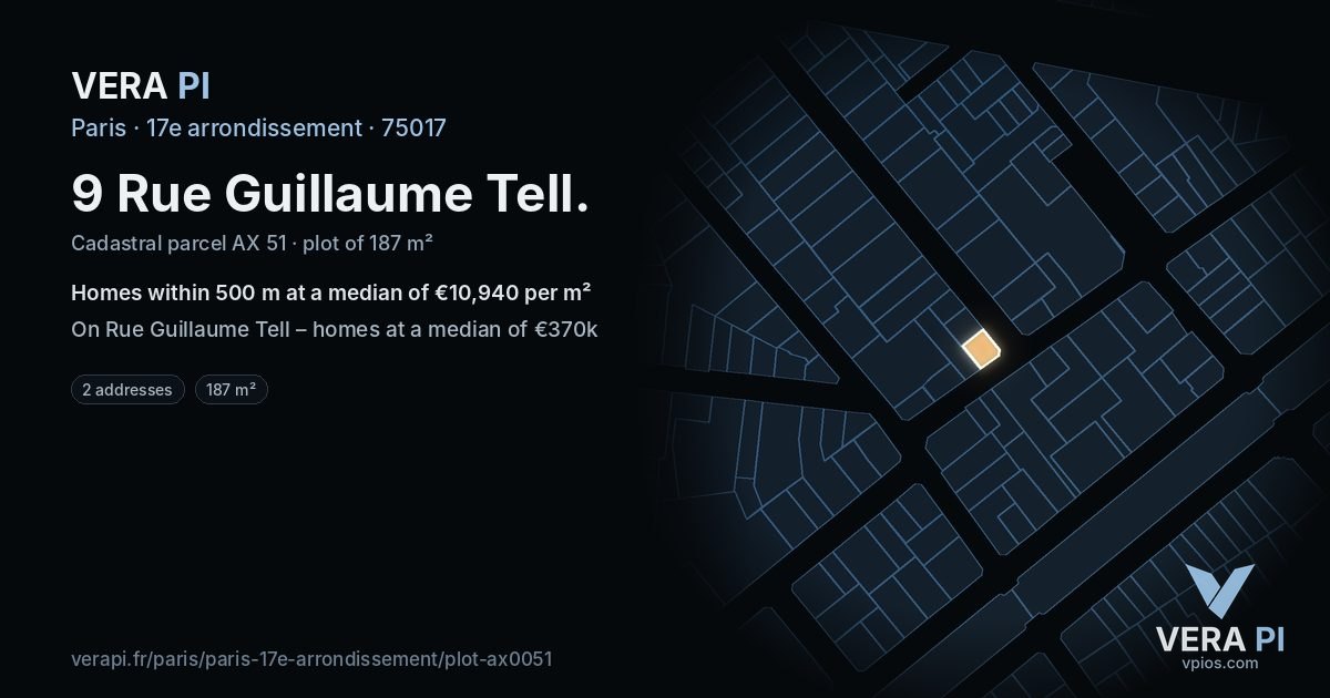 9 Rue Guillaume Tell, 17e arrondissement at night – the plot lit, the parcels around coloured by the prices near them