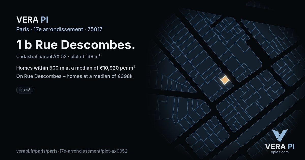 1 b Rue Descombes, 17e arrondissement at night – the plot lit, the parcels around coloured by the prices near them