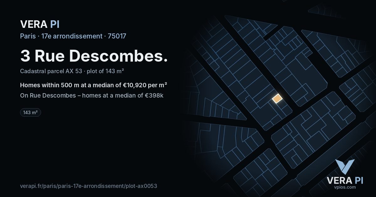 3 Rue Descombes, 17e arrondissement at night – the plot lit, the parcels around coloured by the prices near them