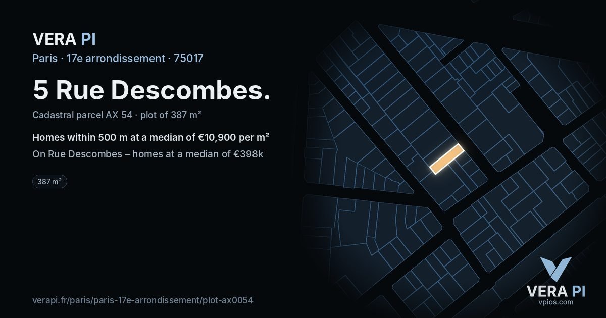 5 Rue Descombes, 17e arrondissement at night – the plot lit, the parcels around coloured by the prices near them