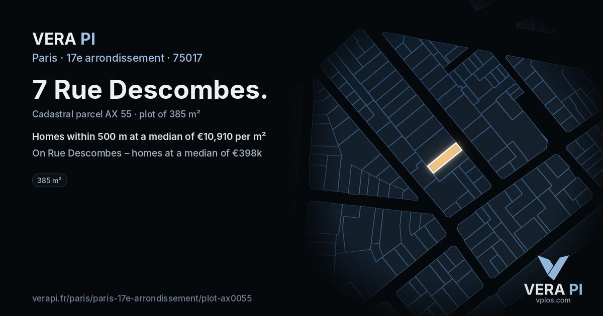 7 Rue Descombes, 17e arrondissement at night – the plot lit, the parcels around coloured by the prices near them